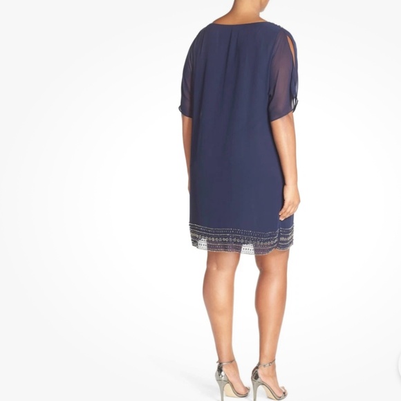 Xscape Embellished Split Sleeve Chiffon Shift Dress Navy Size 18W Cocktail - Picture 3 of 15
